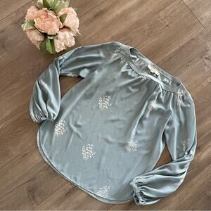 New LOFT Blue‎ Green Floral Poof Long Sleeve Blouse